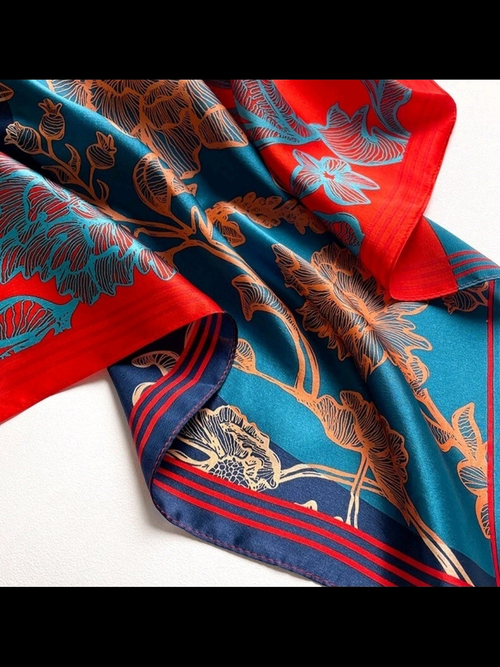 Floral Satin Scarf in Red, Teal & Navy - Picture 3 of 3